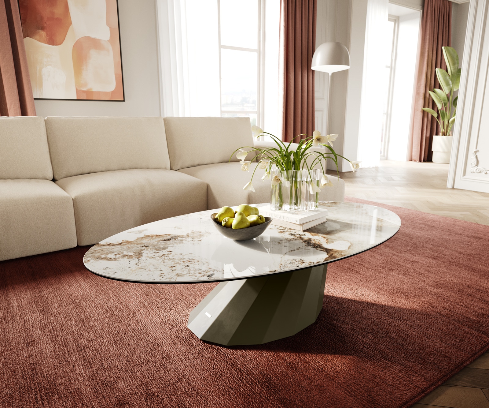 Couchtisch Edge Oval 140x80 cm Keramik Minas Melange Parabi Metall Effektfinish Titan