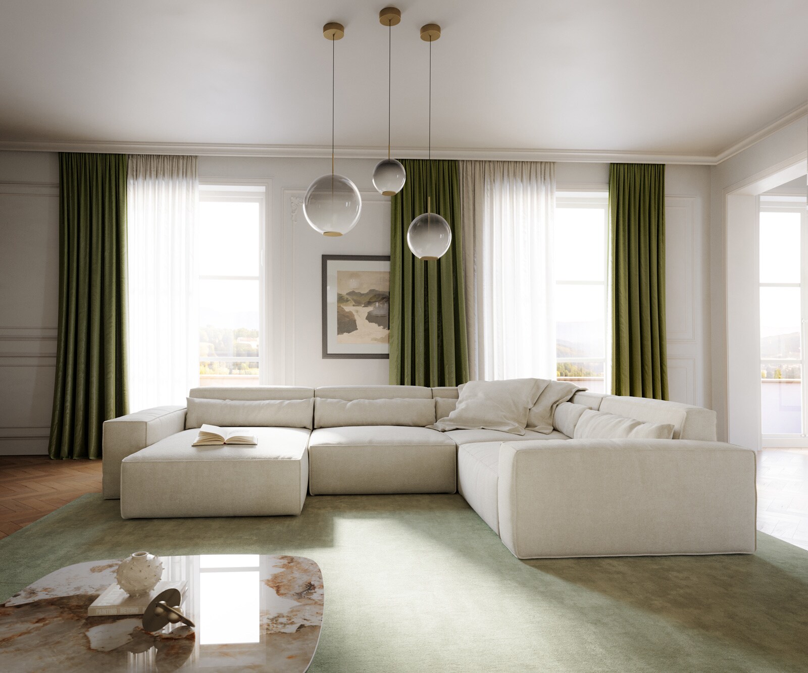 Wohnlandschaft Sirpio XL 360x260 cm Strukturstoff Soft Beige Recamiere variabel 1