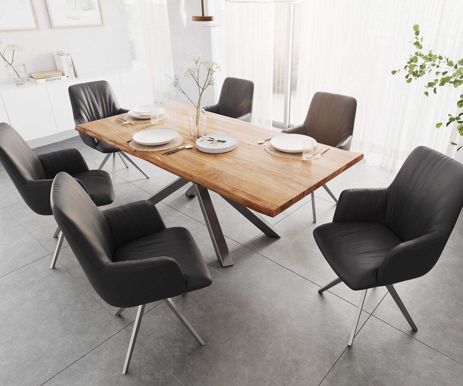 Esstisch Edge 200x100 Akazie Natur Kreuzgestell Rechteck Edelstahl Live-Edge 6
