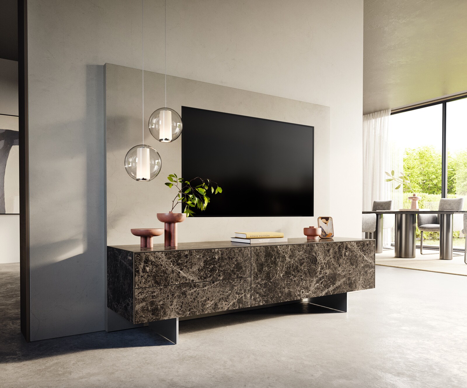 Lowboard Cuor 180 cm Keramik Laminam® Emperador Extra Lucidato Dunkelbraun 1 Klappe 2 Schubfächer Fuß Schwebeoptik Edelstahl