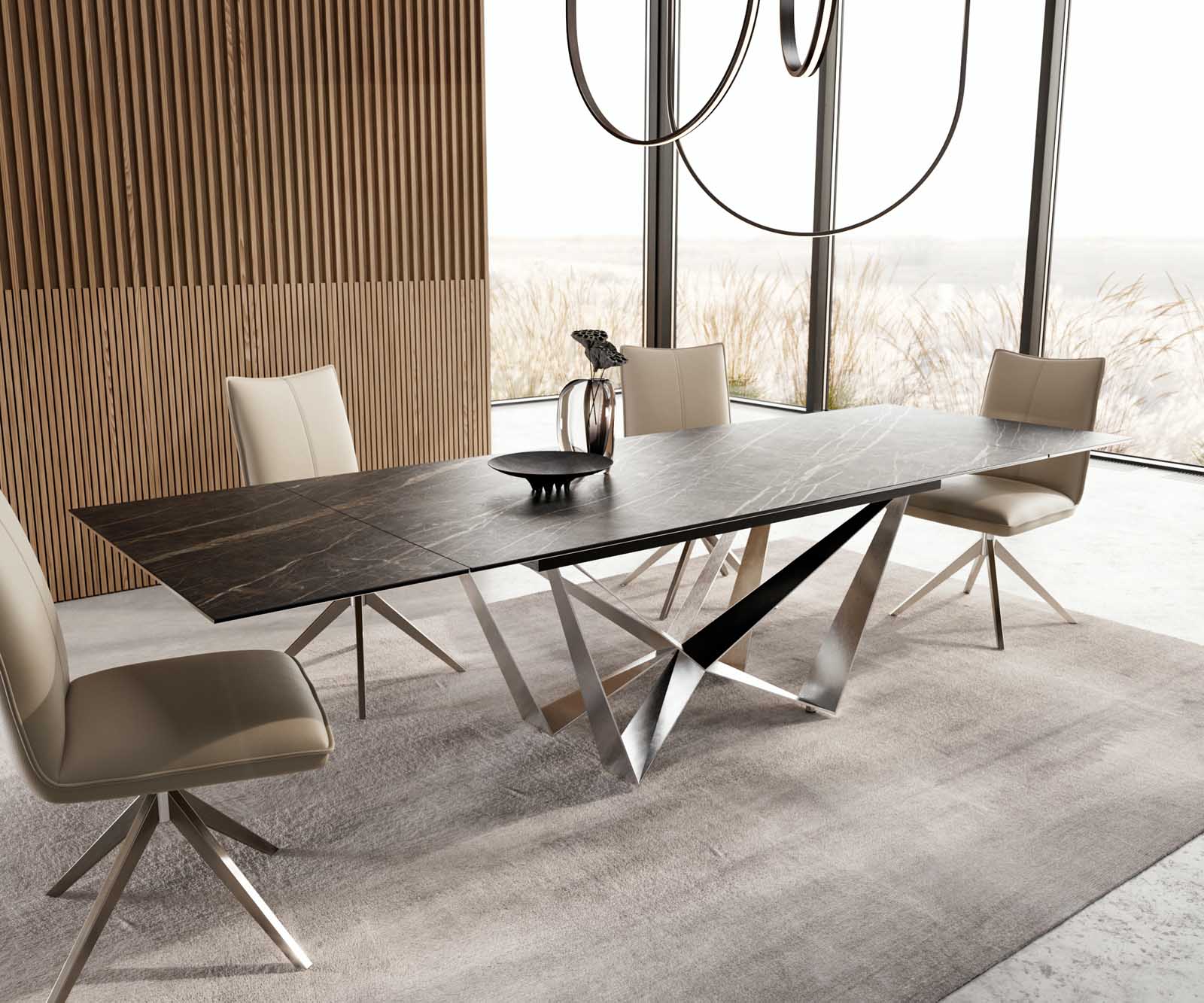 Esstisch Edge 200-300x100 Keramik Laminam®Noir Desir Braun Spider Flachstahl Edelstahl ausziehbar 7