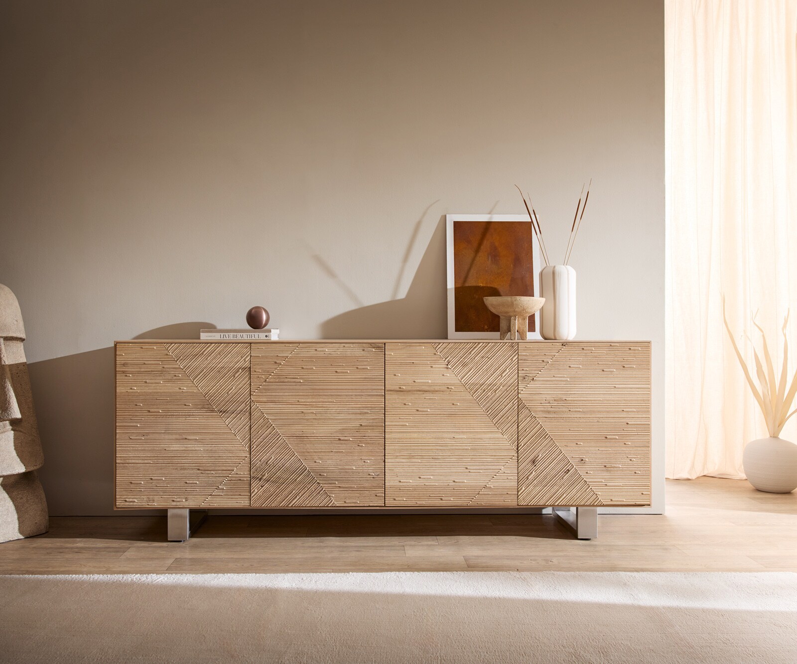 Sideboard Tereos 200 cm Eiche Natur 3D Effekt 4 Türen Kufe Edelstahl gebürstet 1