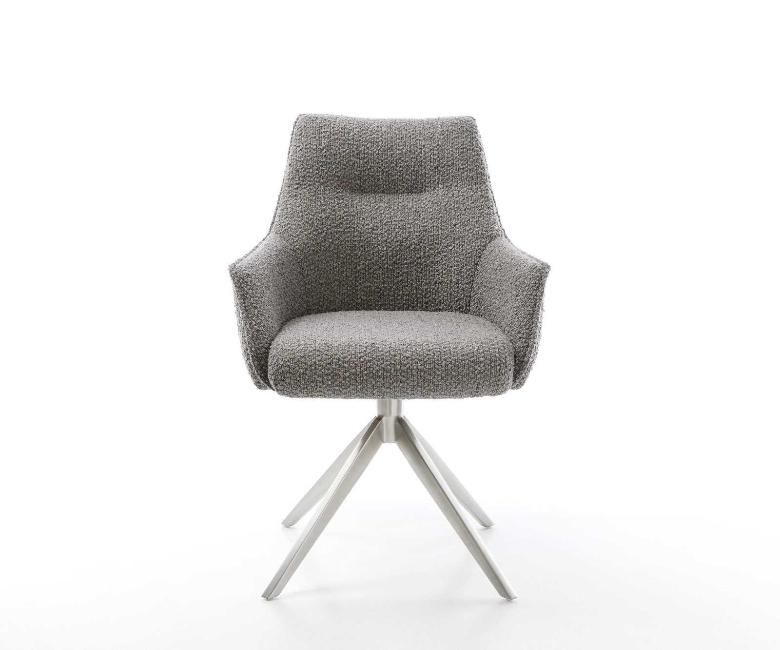 Drehstuhl Alja-Flex mit Armlehnen Bouclé Silbergrau Kreuzgestell breit Edelstahl 360° drehbar Taschenfederkern 1