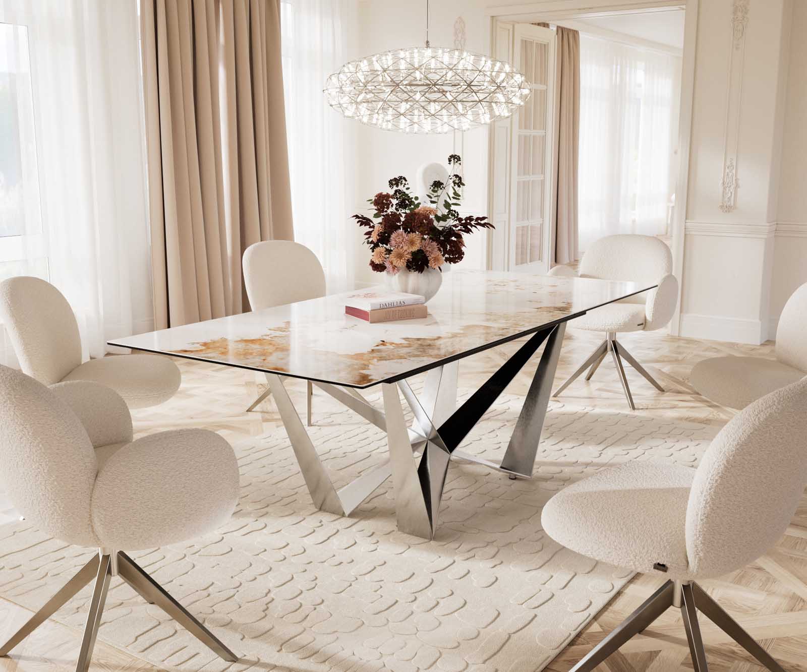 Esstisch Edge 180-220x100 Keramik Minas Melange Weiß-Beige Spider Flachstahl Edelstahl ausziehbar 9