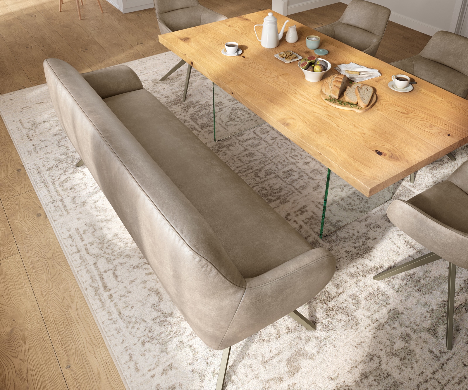 Esszimmerbank Taya-Flex 200 cm Mikrofaser Beige Vintage Kreuzgestell kantig Effektfinish Titan Taschenfederkern 3