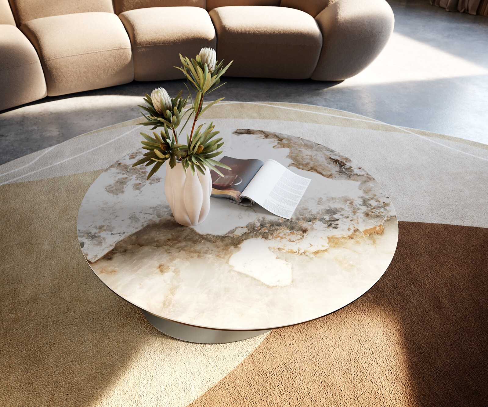 Couchtisch Edge Rund 90x90 cm Keramik Minas Melange Conis Metall Effektfinish Titan 1