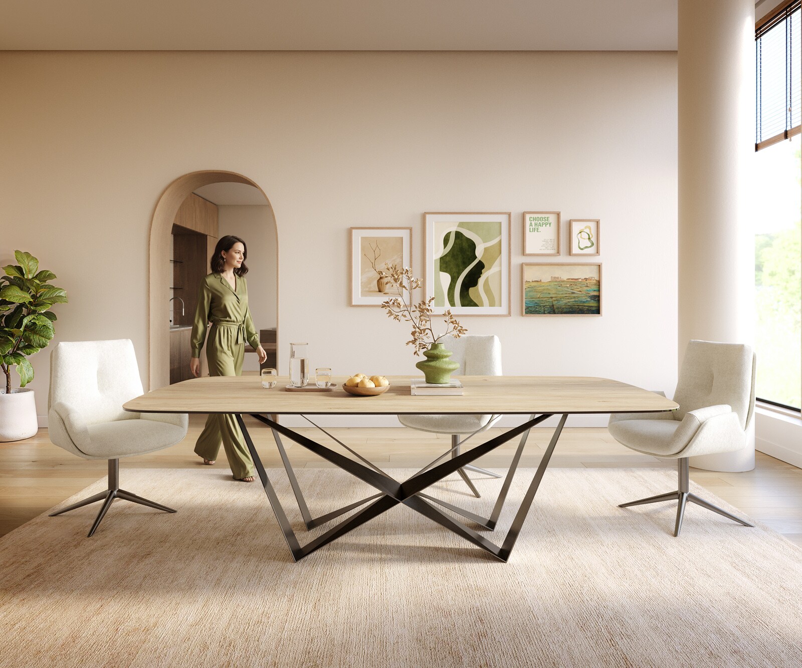 Esstisch Edge Boot 240x120 cm Keramik Laminam® Sabbia Eichefarbig Spider Flachstahl Edelstahl Graphit 1