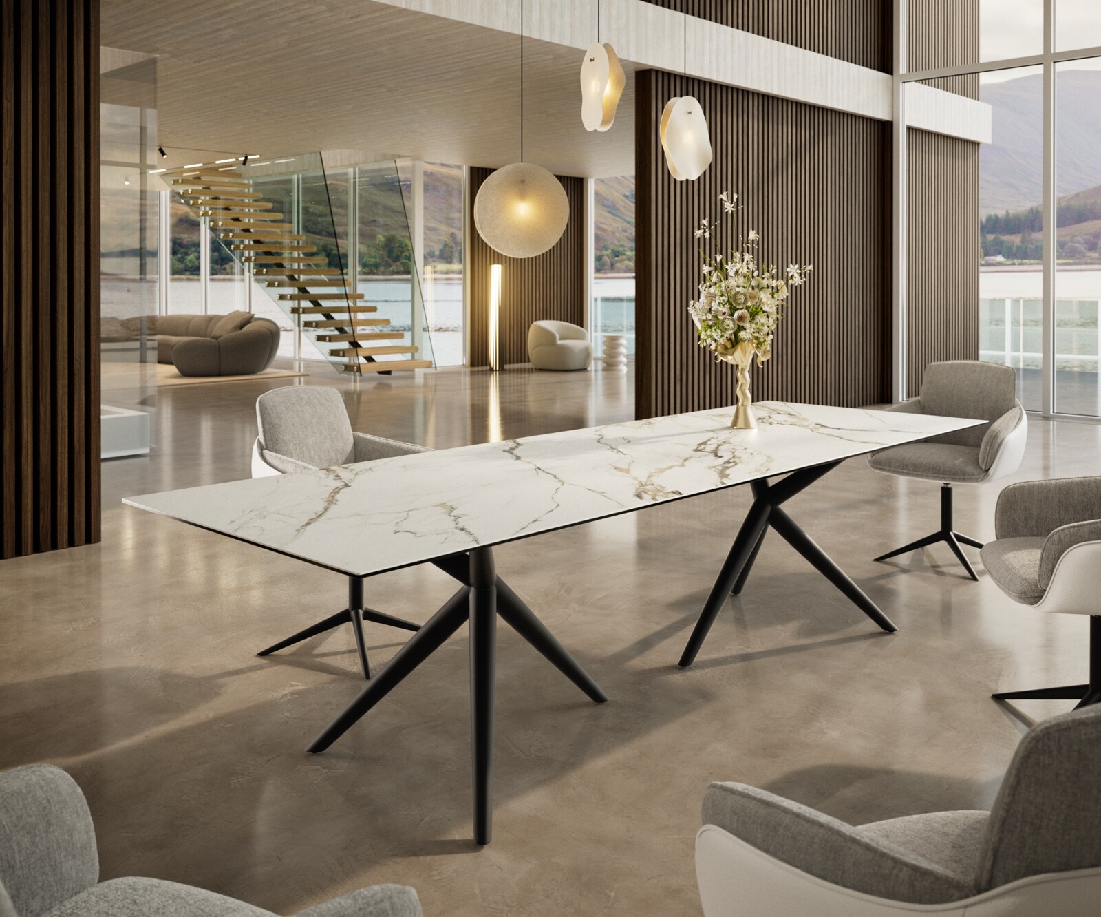 Esstisch Edge 300x100 Keramik Calacatta Luxe Weiß-Gold-Grau Estelar rund Metall Schwarz 2