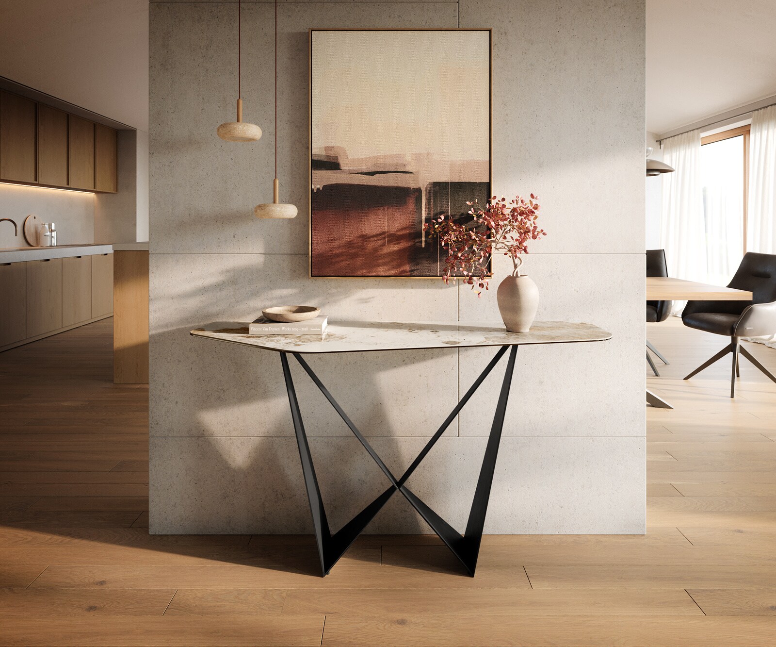 Konsolentisch Edge Polygonal 140x50 cm Keramik Minas Melange Weiß-Beige Spios Metall Schwarz 3