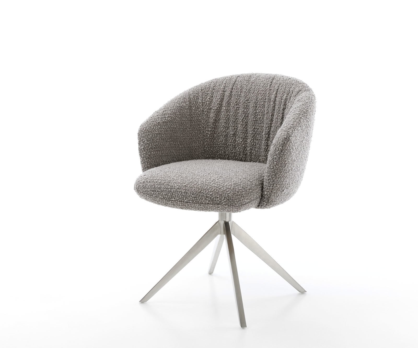 Drehstuhl Caja-Flex mit Armlehnen Bouclé Silbergrau Kreuzgestell breit Edelstahl 360° drehbar Taschenfederkern