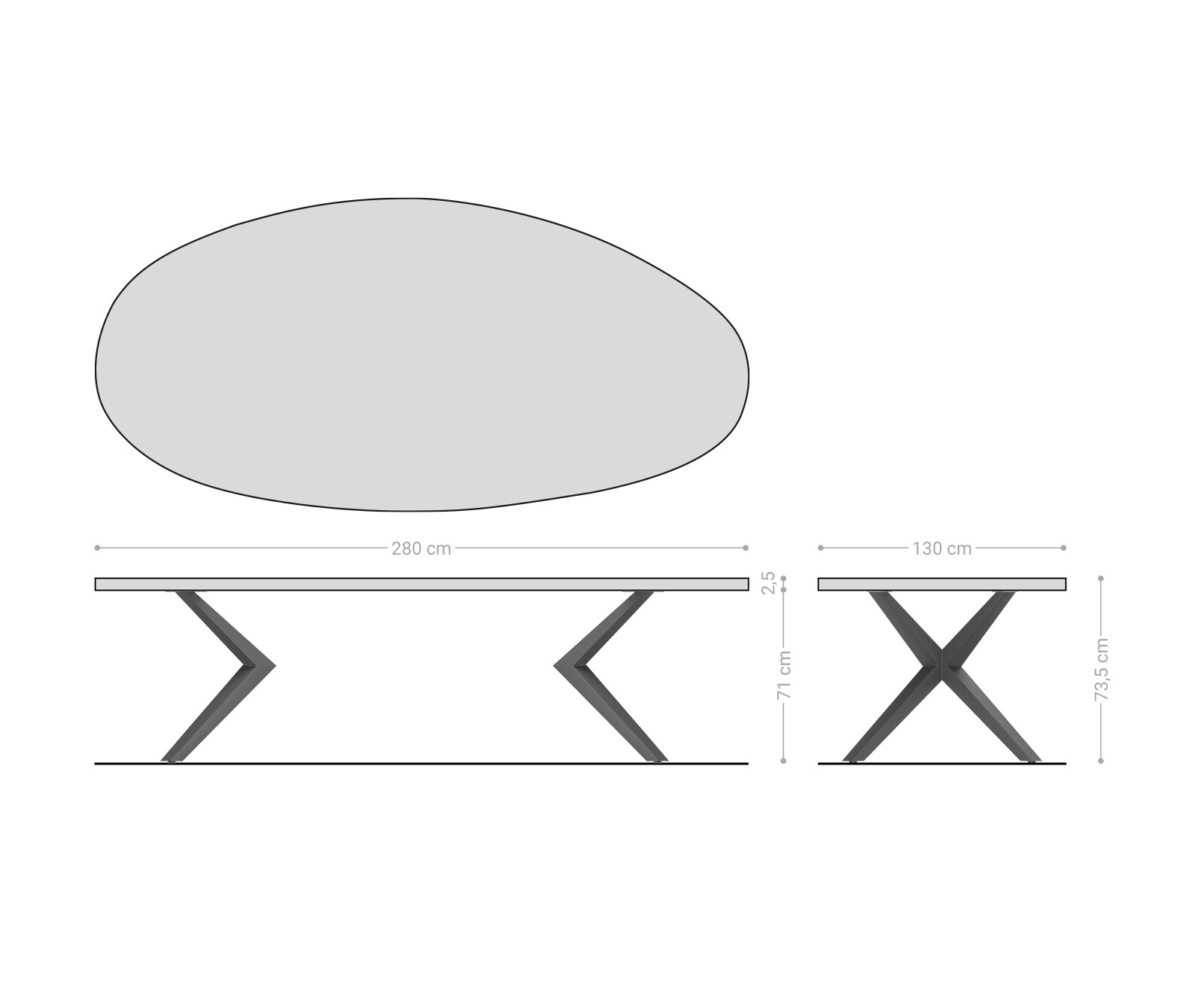 Esstisch Edge Oval 280x130 Reliefglas Rauchschwarz 3D-Design Zenthara kantig Metall Effektfinish Titan 7
