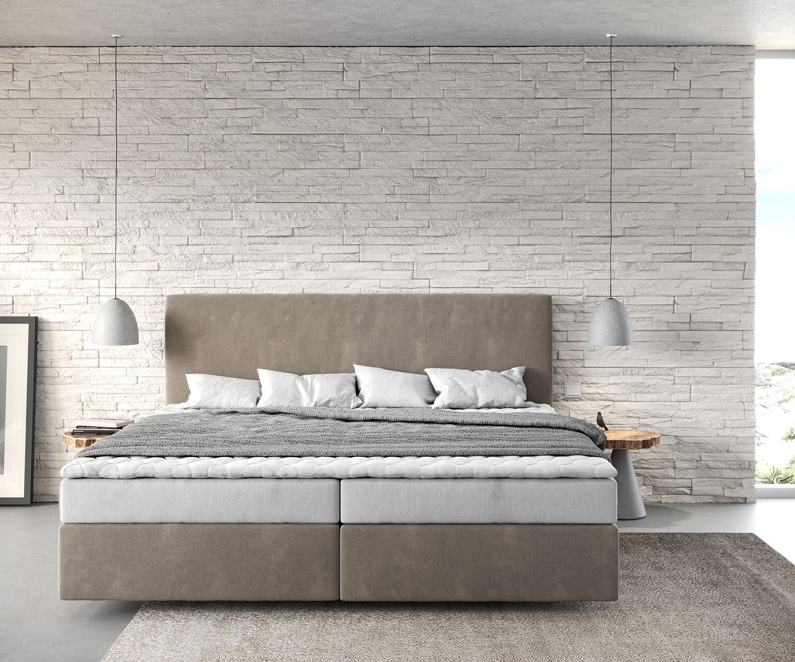 Boxspringbett Dream-Well Mikrofaser Beige 200x200 cm Bonell-Matratze PU-Topper 1