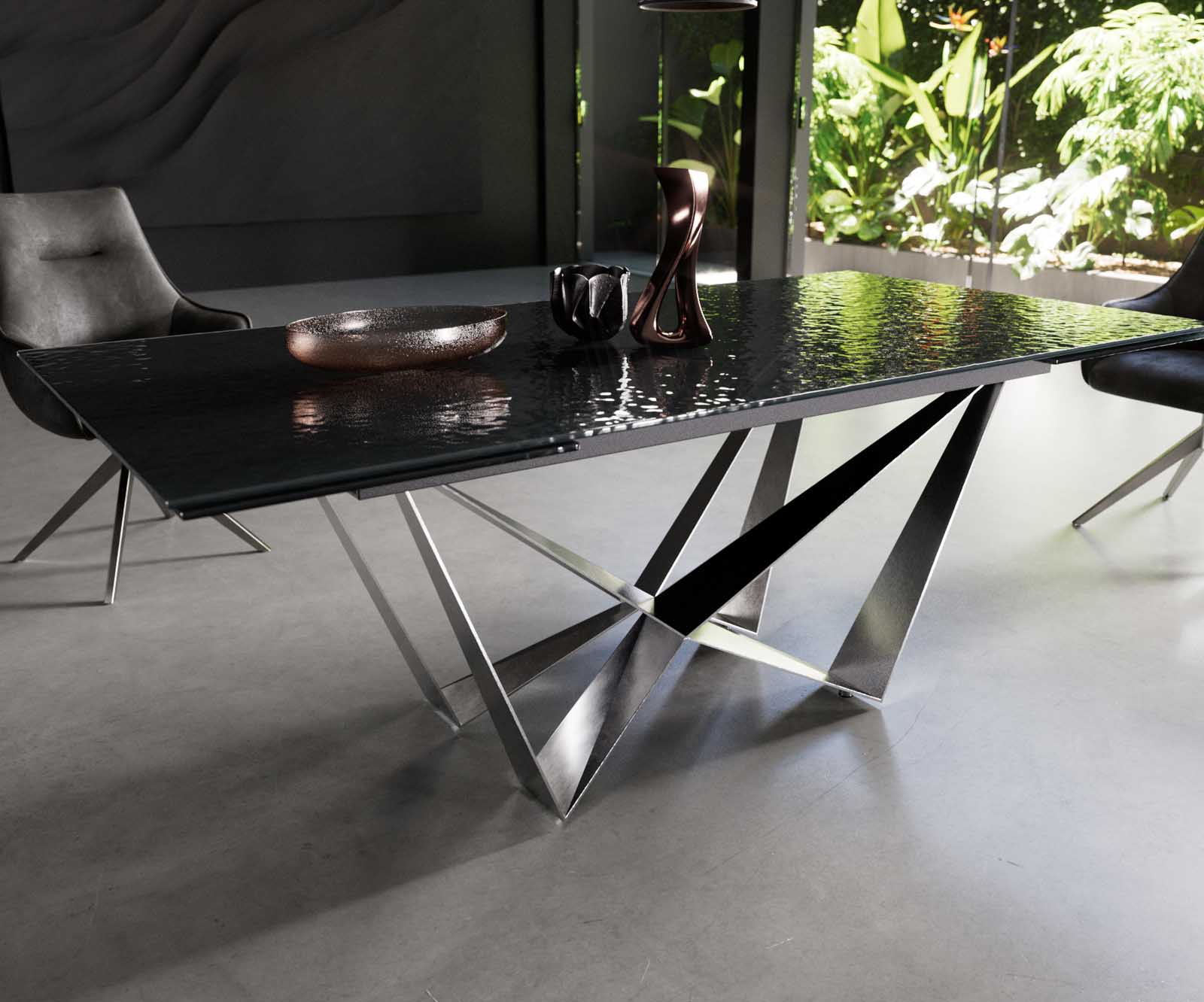 Esstisch Edge 200-300x100 Reliefglas Rauchschwarz 3D-Design Spider Flachstahl Edelstahl ausziehbar 5 Esstisch Edge 200-300x100 Reliefglas Rauchschwarz 3D-Design Spider Flachstahl Edelstahl ausziehbar 5