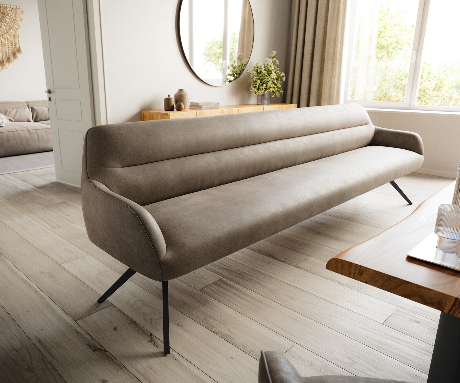 Esszimmerbank Taya-Flex 300 cm Mikrofaser Taupe Vintage Kreuzgestell kantig Schwarz Taschenfederkern