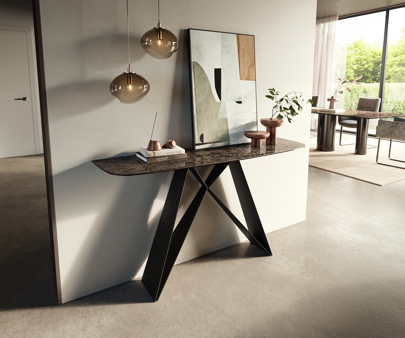 Konsolentisch Edge Boot 140x40 cm Keramik Emperador Extra Lucidato Dunkelbraun Velio Metall Schwarz 3