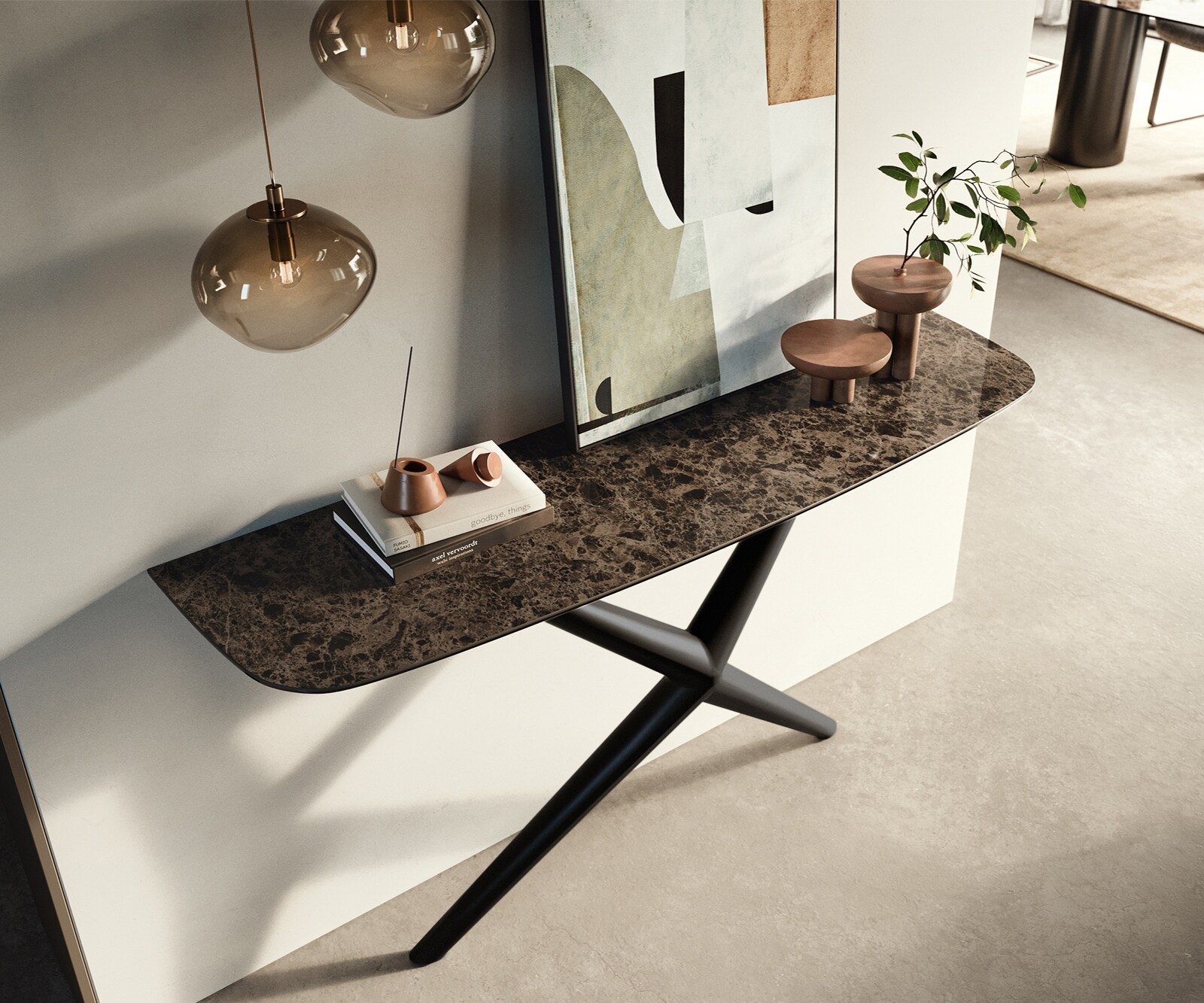Konsolentisch Edge Boot 140x40 cm Keramik Emperador Extra Lucidato Dunkelbraun Estelo Metall Schwarz 2