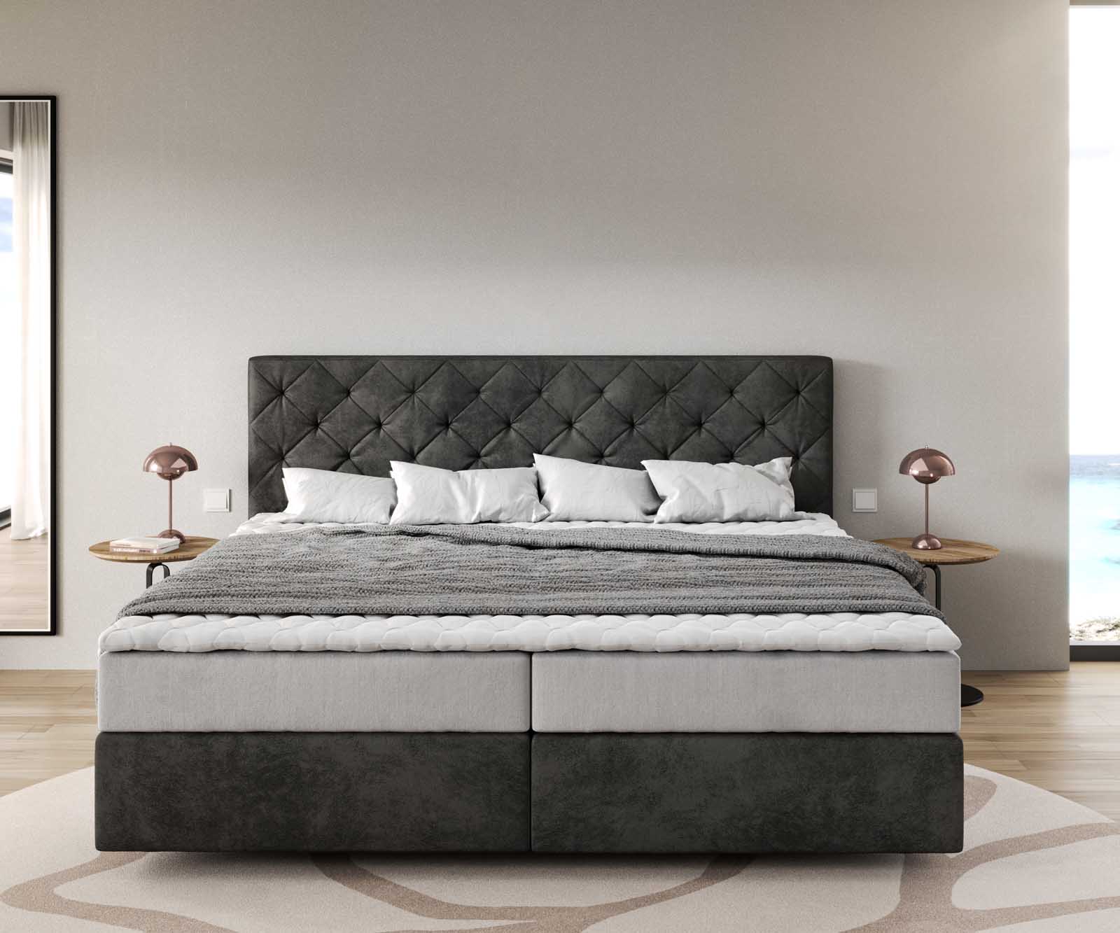 Boxspringbett Dream-Great Mikrofaser Anthrazit Vintage 200x200 cm mit Taschenfederkernmatratze und Topper Visco 1