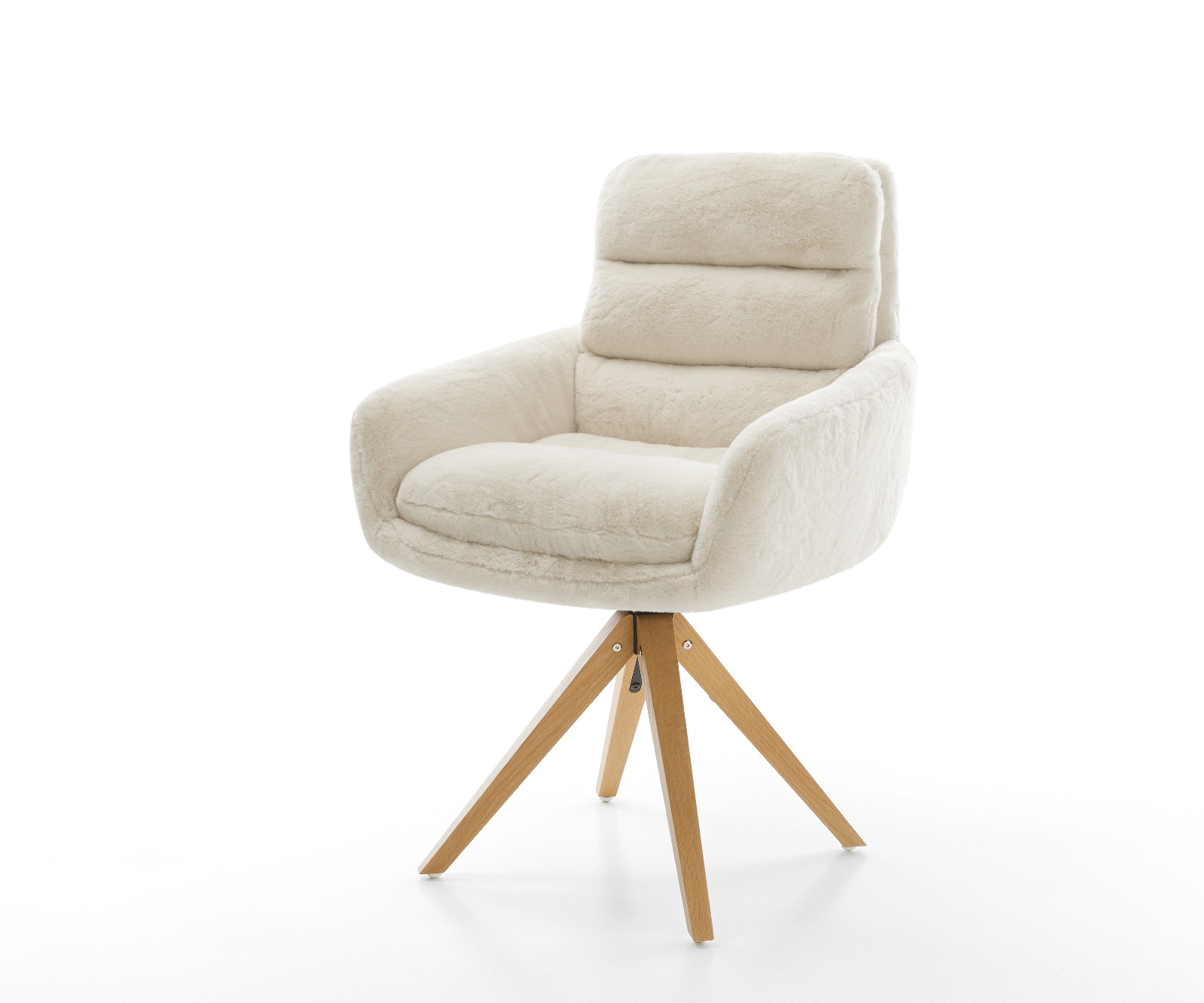 Drehstuhl Abelia-Flex mit Armlehnen Plüsch Creme-Weiß Holzgestell kantig Natur 360° drehbar