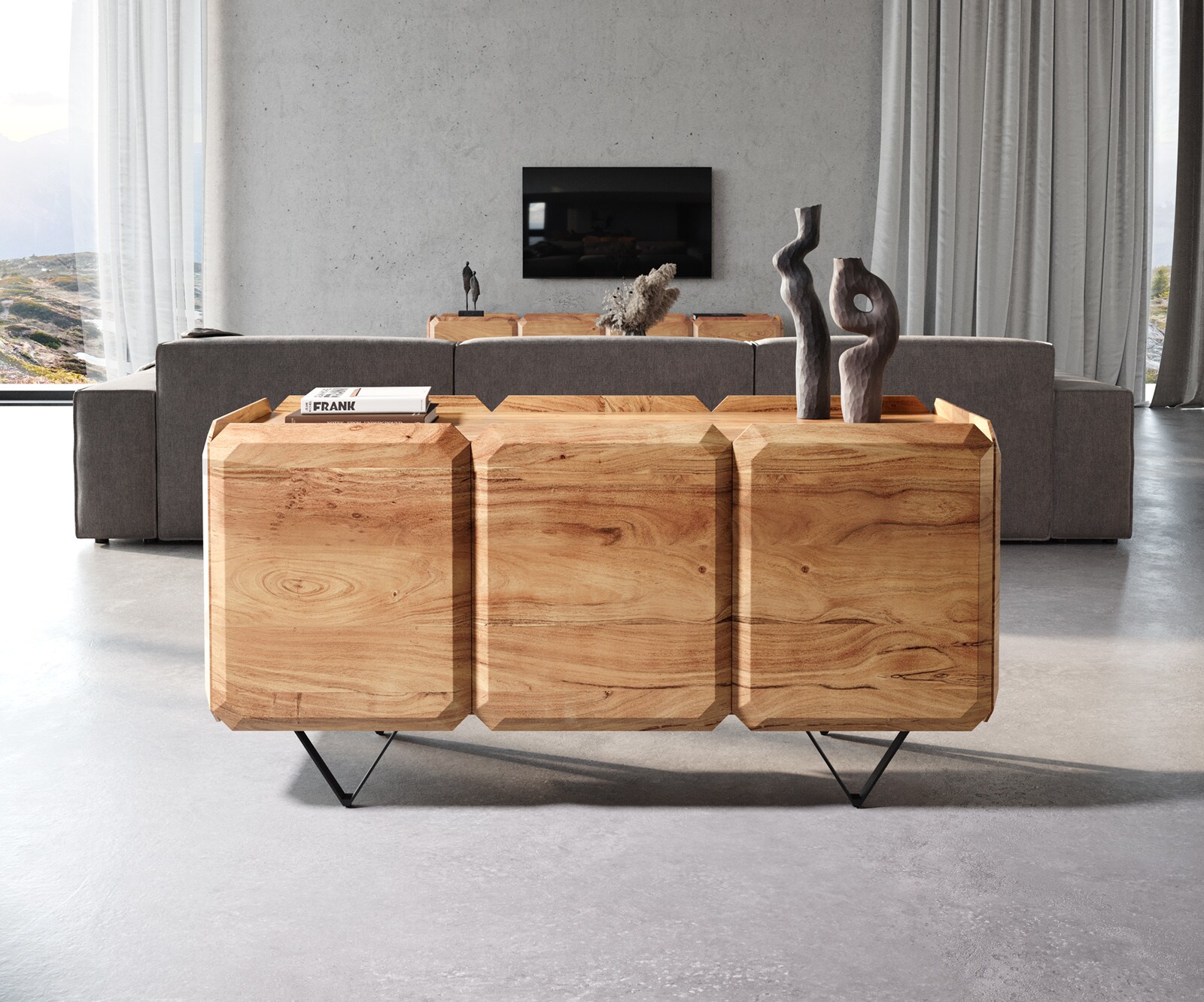 Sideboard Kiano 145 cm Akazie Natur 3 Türen V-Fuß Schwarz Raumteiler 1