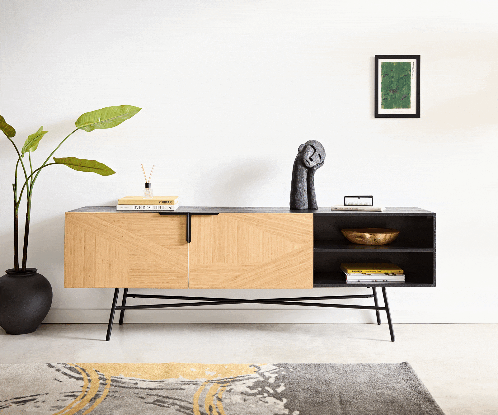 Sideboard Mikkusu 175 cm Bambus Natur Mango Schwarz 2 Türen 2 Fächer Metall Schwarz 1