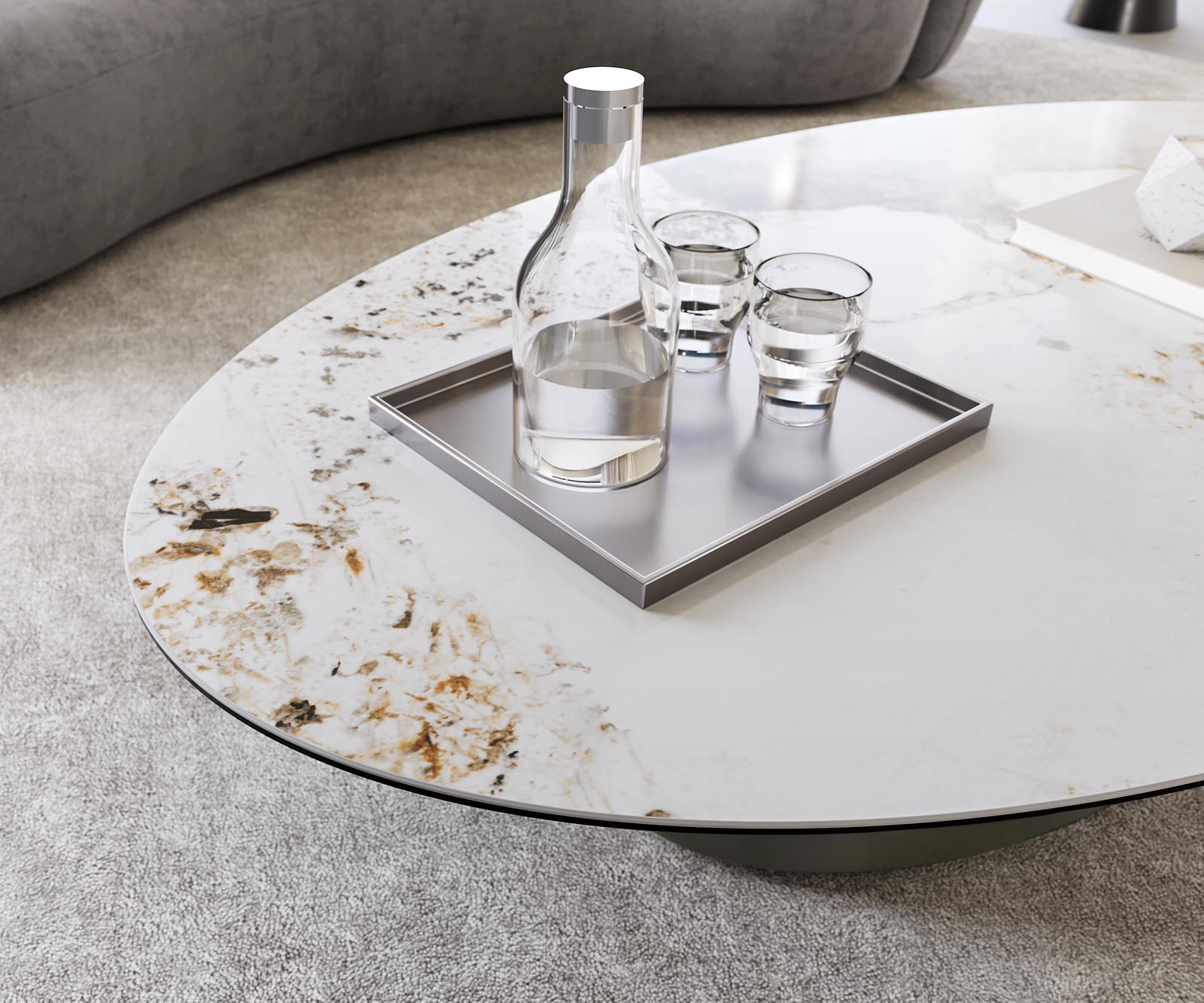 Couchtisch Casilda 150x90 cm Keramik Minas Melange Weiß-Beige Mittelfuß Effektfinish Titan 6