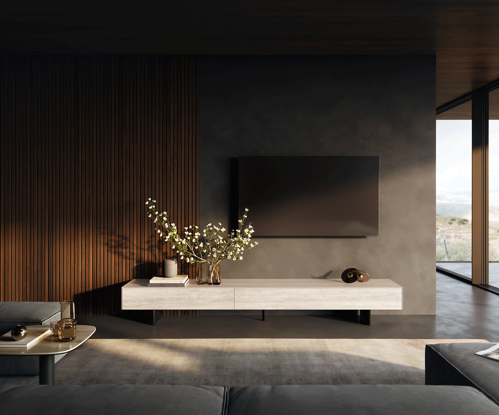 Lowboard Cuor 250 cm Keramik Laminam® Travertino Bianco Creme-Weiß 1 Klappe 1 Schubfach Fuß Schwebeoptik Metall Schwarz 2