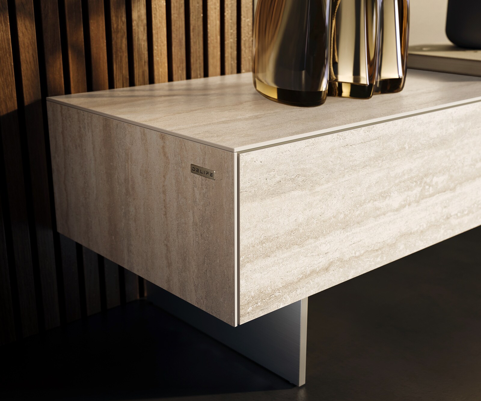 Lowboard Cuor 200 cm Keramik Laminam® Travertino Bianco Creme-Weiß 1 Klappe 1 Schubfach Fuß Schwebeoptik Edelstahl 5