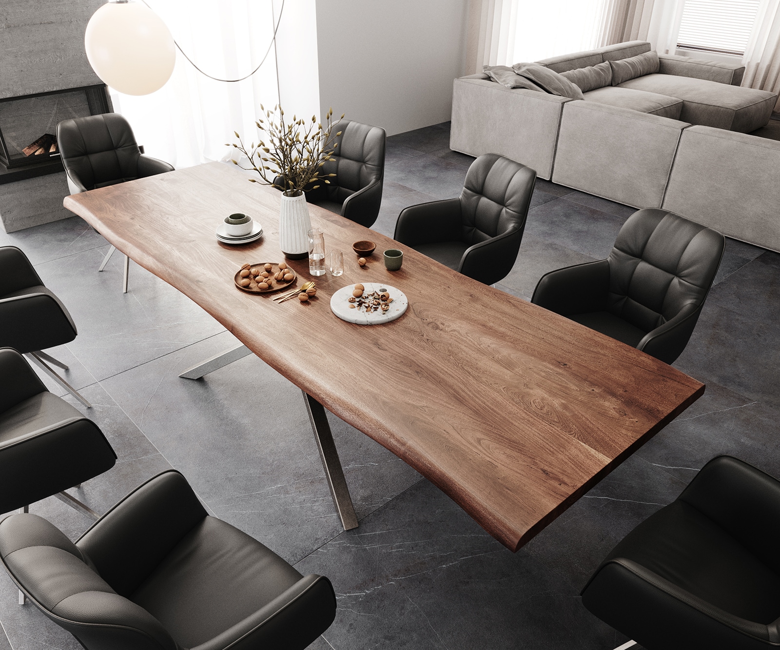 Esstisch Edge 300x100 XL Akazie Braun Kreuzgestell Rechteck Edelstahl Live-Edge 4