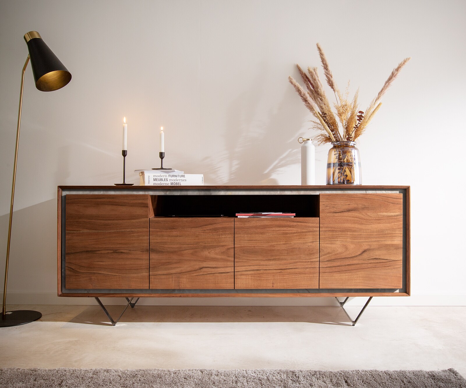 Sideboard Stonegrace 175 cm Akazie Braun Steinfurnier 4 Türen 1 Fach V-Fuß Schwarz 2