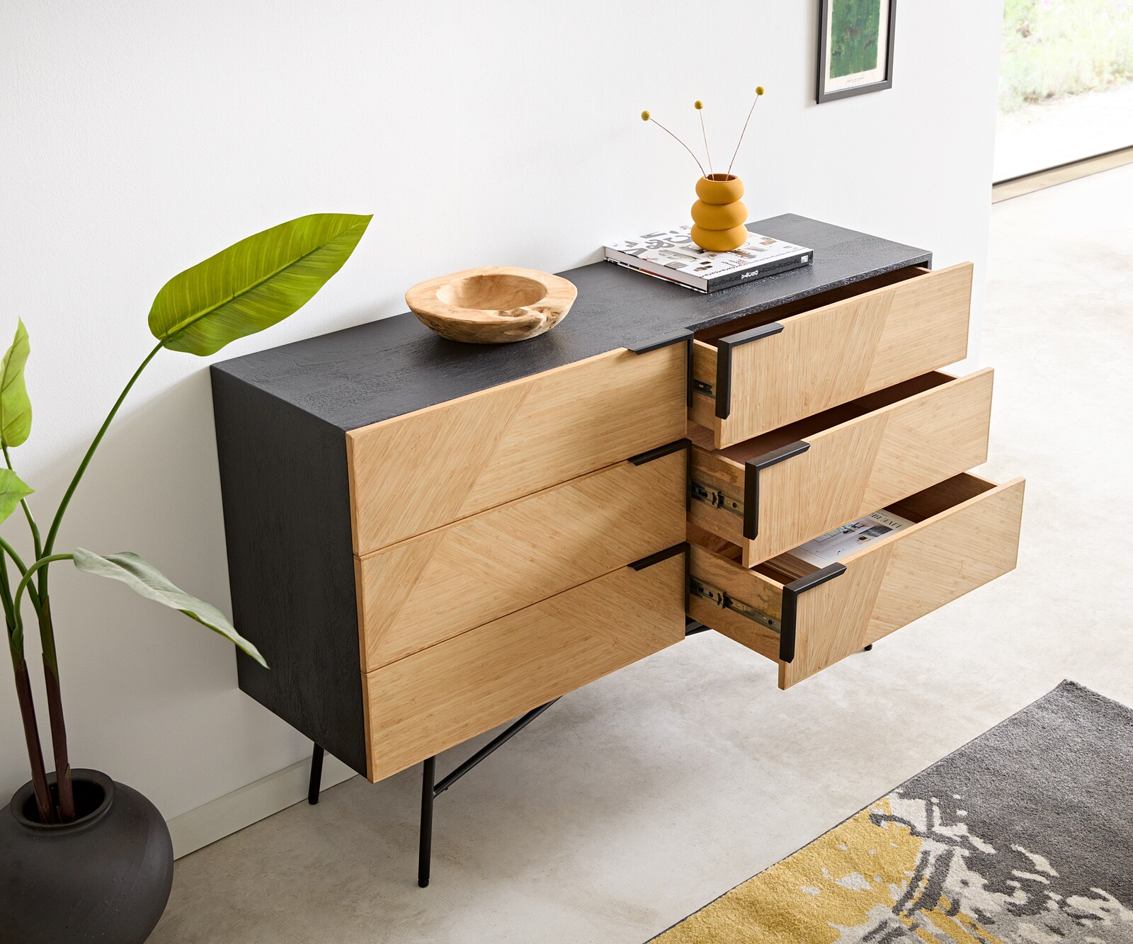 Sideboard Mikkusu 140 cm Bambus Natur Mango Schwarz 6 Schubladen Metall Schwarz 3