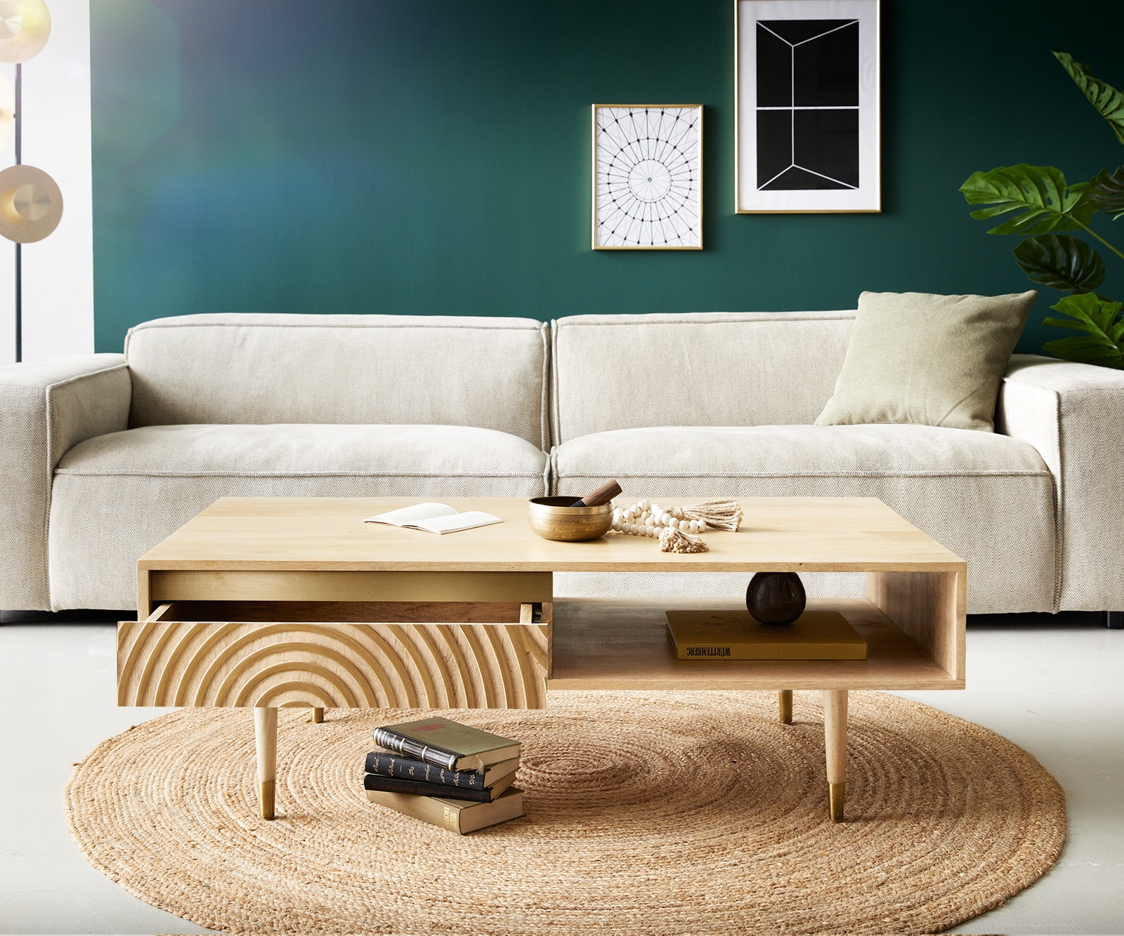 Couchtisch Budaya 115x60 cm Mango Natur 2 Schubfächer Fuß rund 3 Couchtisch Budaya 115x60 cm Mango Natur 2 Schubfächer Fuß rund 3
