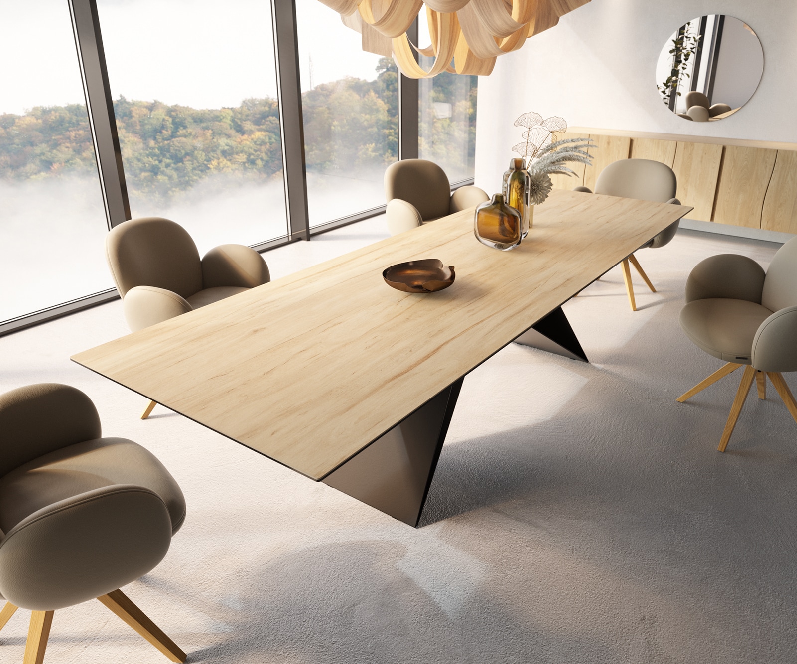 Esstisch Edge 300x100 Keramik Laminam® Sabbia Eichefarbig V-Gestell Flachstahl Schwarz