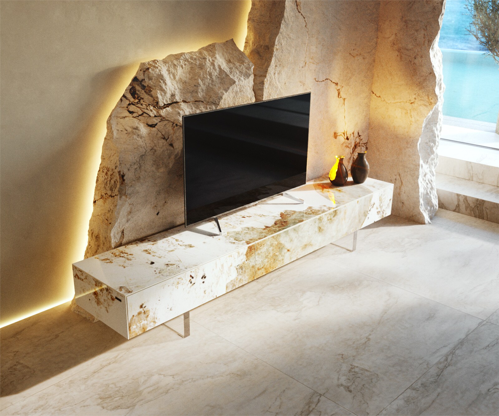 Lowboard Cuor 200 cm Keramik Minas Melange Weiß-Beige 1 Klappe 1 Schubfach Fuß Schwebeoptik Acrylglas 3