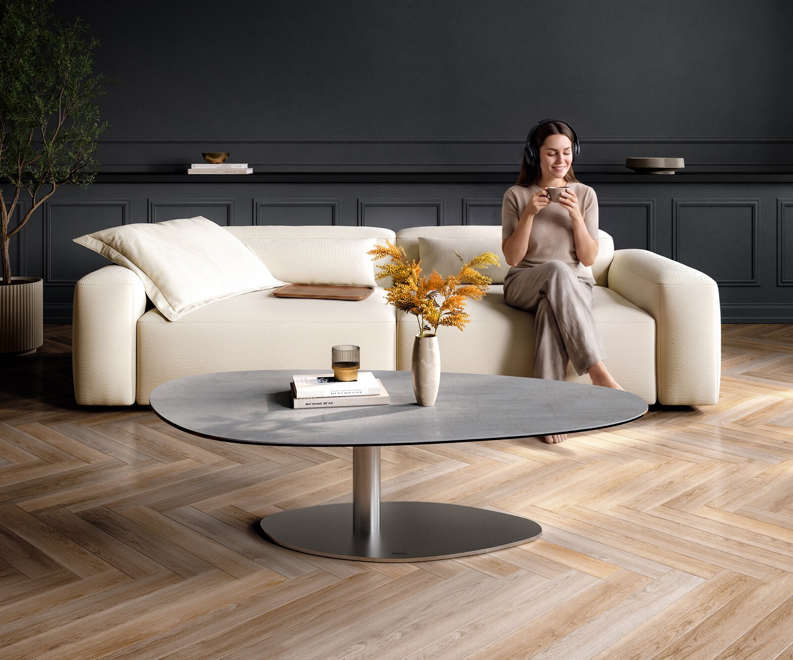 Couchtisch Edge Oval 140x75 cm Keramik Beton Grau Vibany Edelstahl gebürstet 2