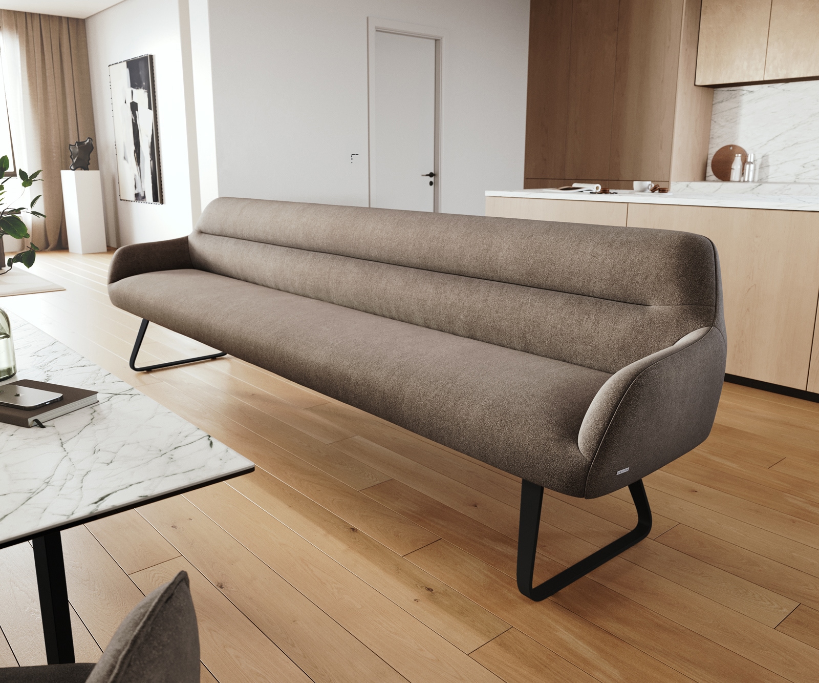 Esszimmerbank Taya-Flex 300 cm Strukturstoff Soft Taupe Kufengestell flach Schwarz Taschenfederkern