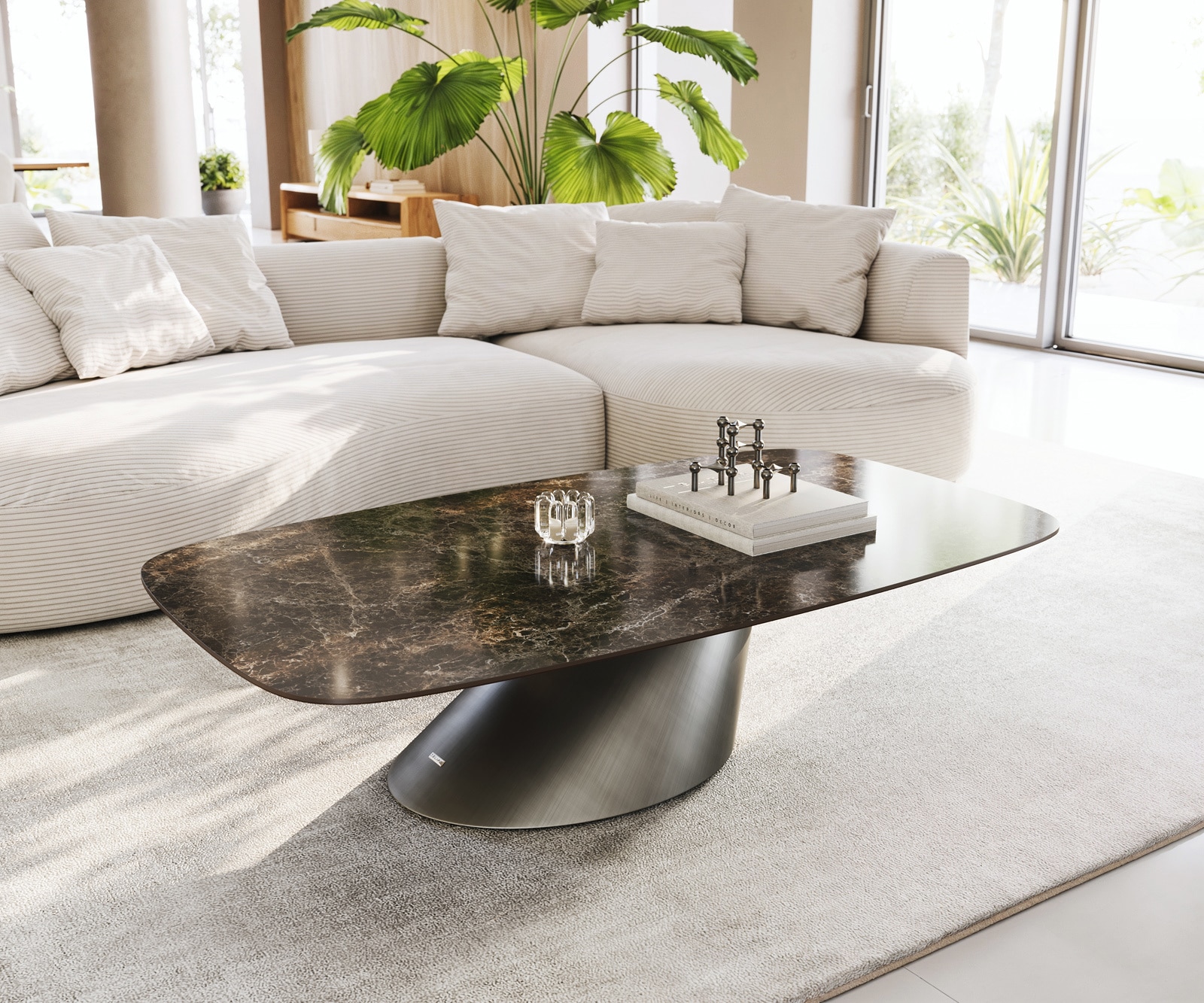 Couchtisch Edge Boot 140x80 cm Keramik Emperador Extra Lucidato Dunkelbraun Conis Metallic Silber