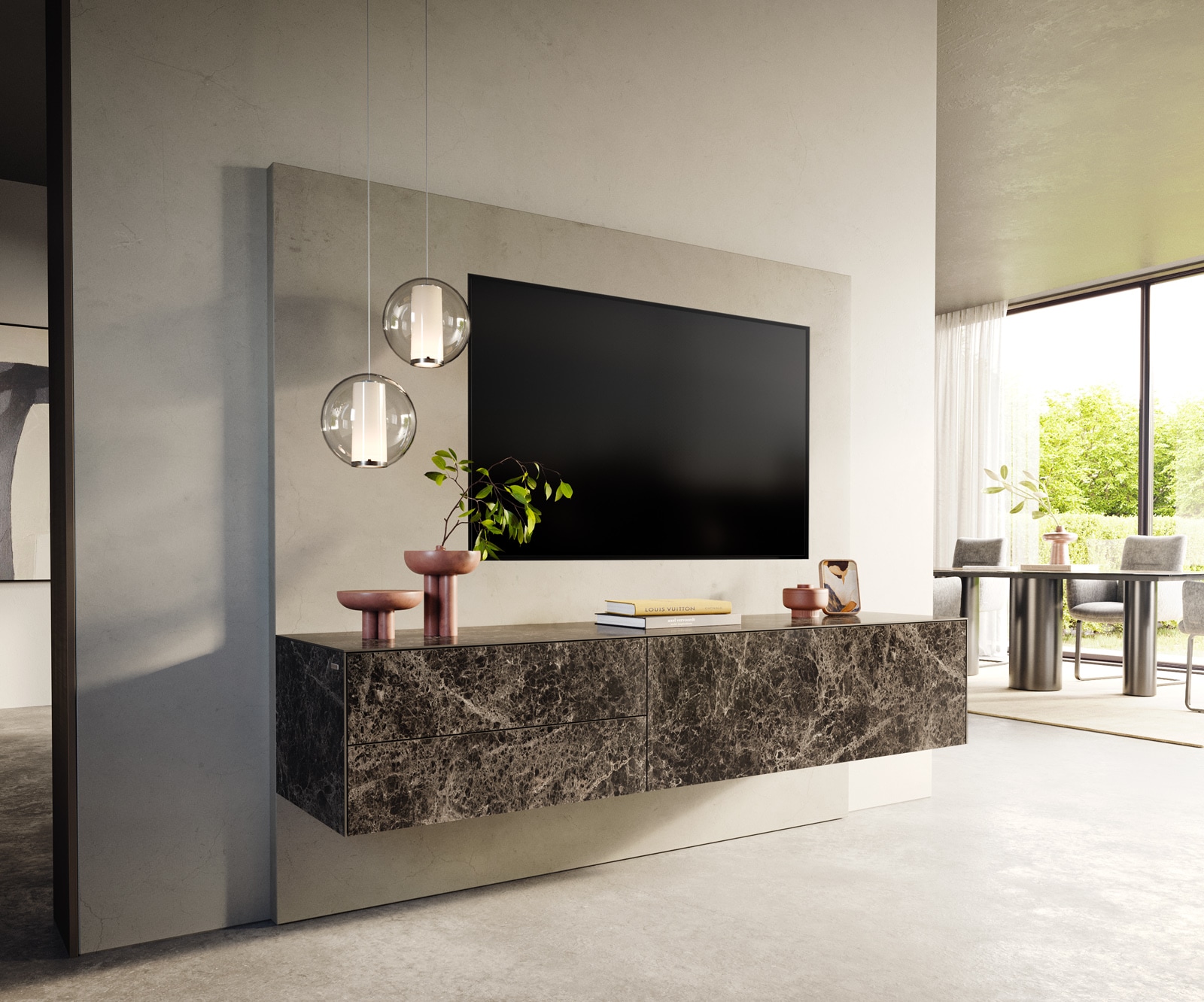 Lowboard Cuor 180 cm Keramik Laminam® Emperador Extra Lucidato Dunkelbraun 1 Klappe 2 Schubfächer Schwebend 1