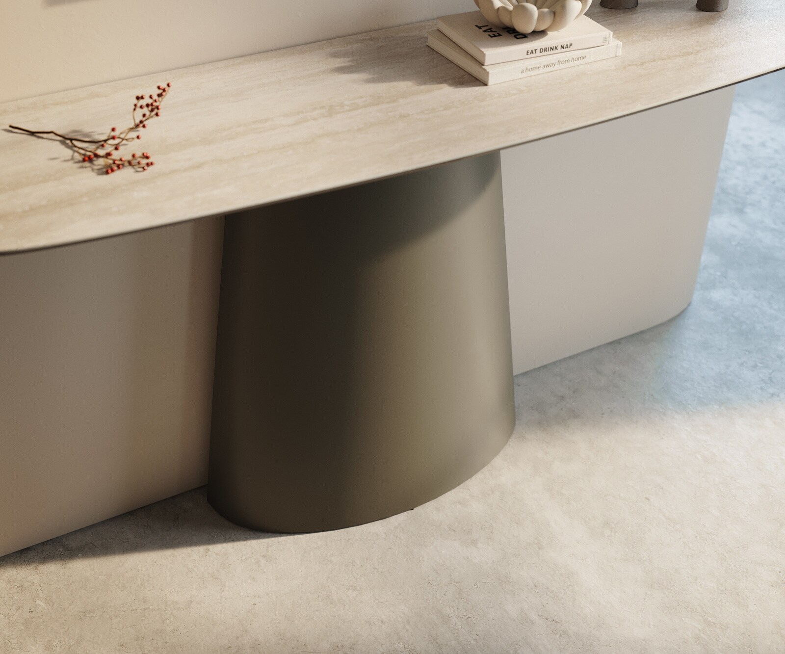 Konsolentisch Edge Boot 140x40 cm Keramik Laminam® Travertino Bianco Creme-Weiß Conos Metall Effektfinish Titan 5