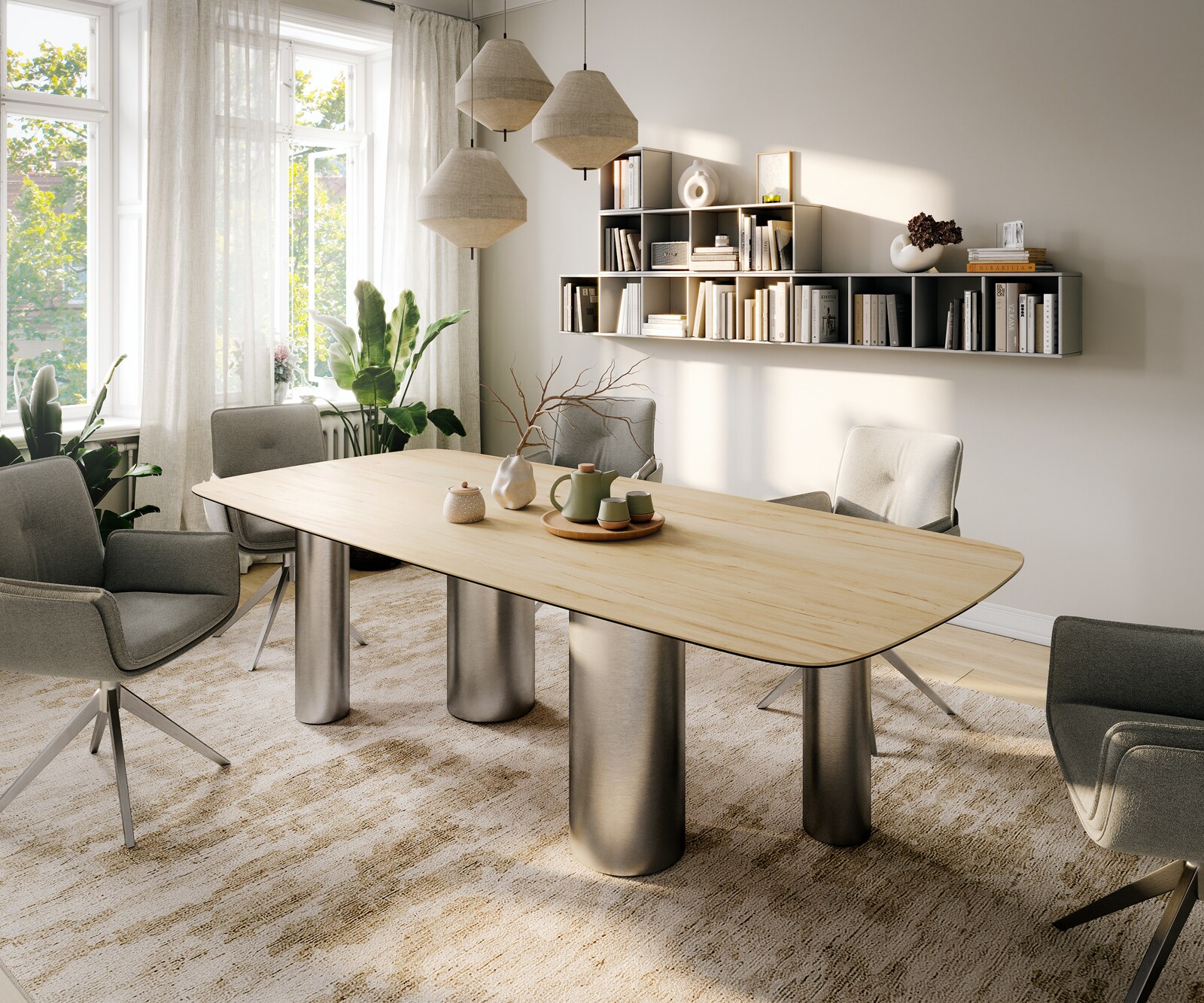 Esstisch Edge Boot 260x120 cm Keramik Laminam® Sabbia Eichefarbig Pilier Edelstahl gebürstet 1