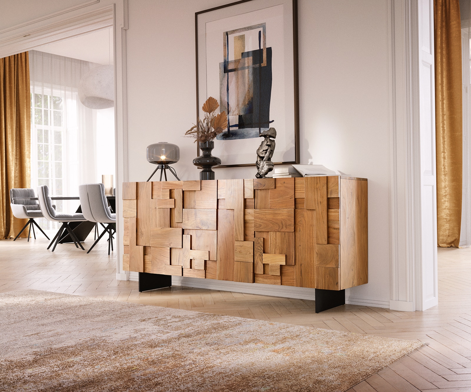 Sideboard Puzzle 175 cm Akazie Natur 3 Türen Fuß schwebend Metall Schwarz Sideboard Puzzle 175 cm Akazie Natur 3 Türen Fuß schwebend Metall Schwarz