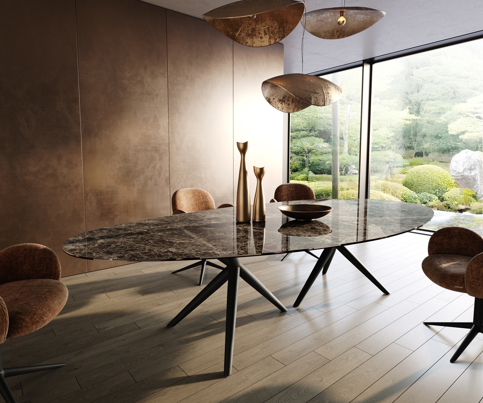 Esstisch Edge Oval 315x150 cm Keramik Emperador Extra Lucidato Dunkelbraun Estelar rund Metall Schwarz 1