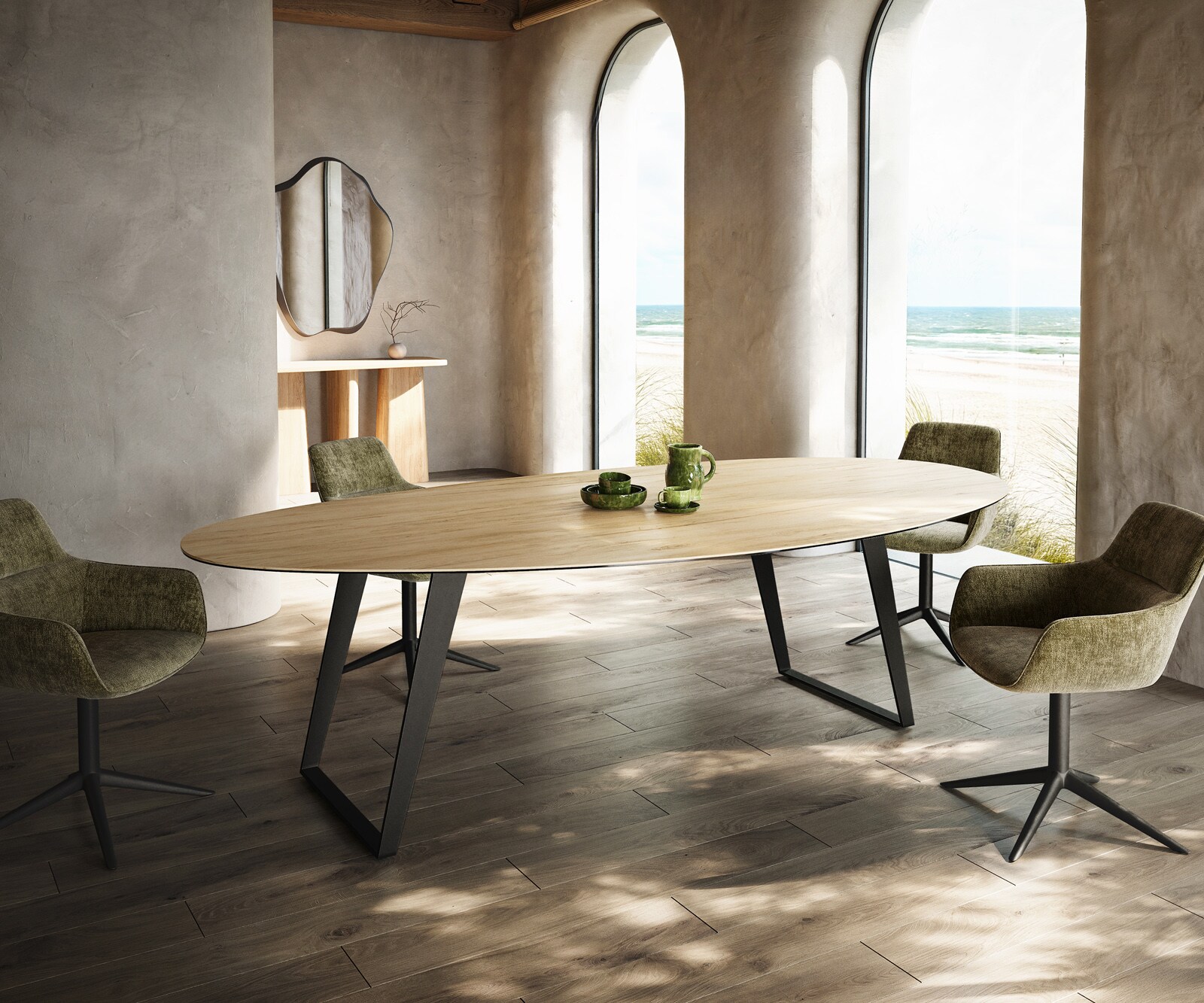 Esstisch Edge Oval 280x130 cm Keramik Laminam® Sabbia Eichefarbig Metall Schräg Schwarz