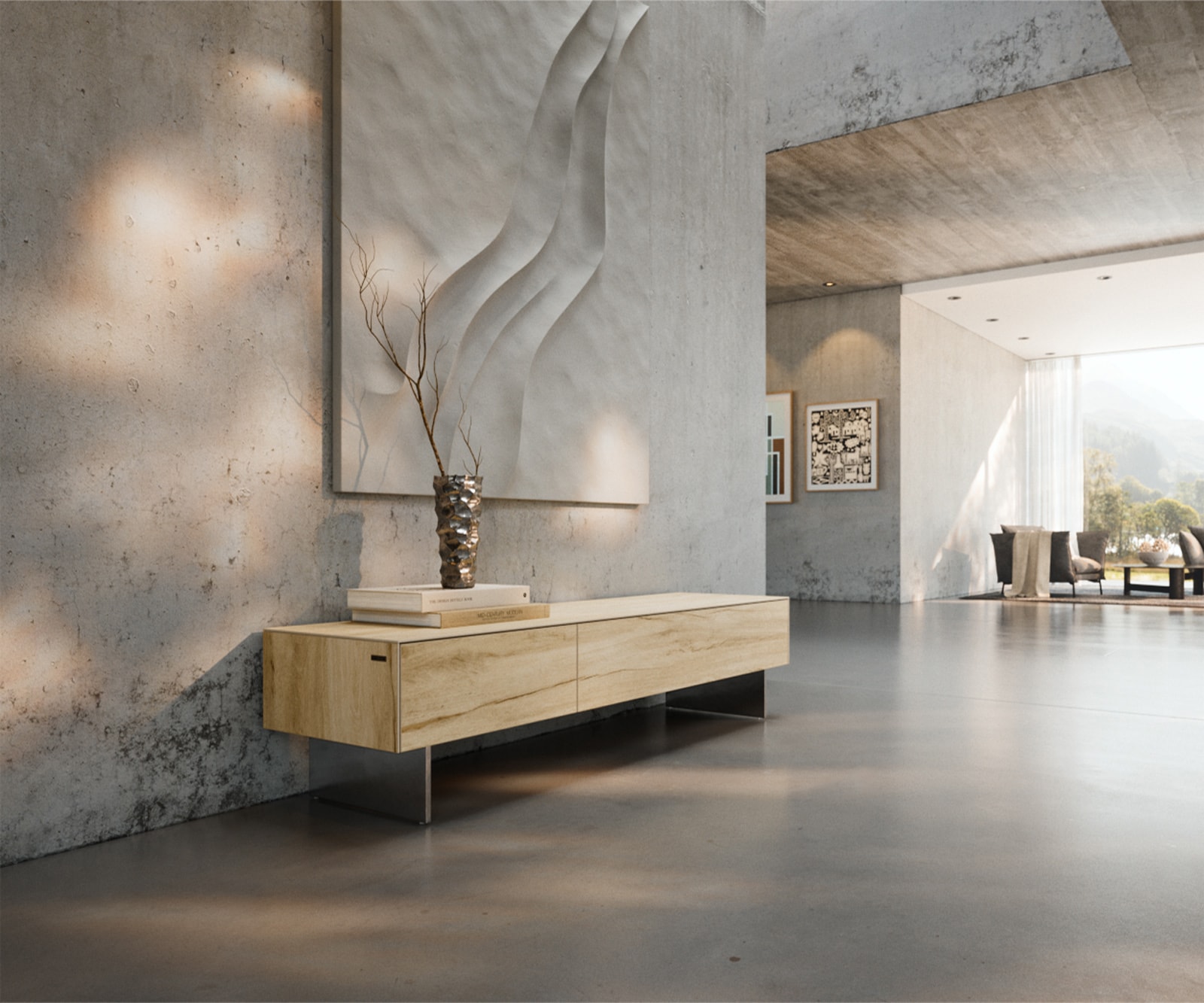 Lowboard Cuor 150 cm Keramik Laminam® Sabbia Eichefarbig 1 Klappe 1 Schubfach Fuß Schwebeoptik Edelstahl