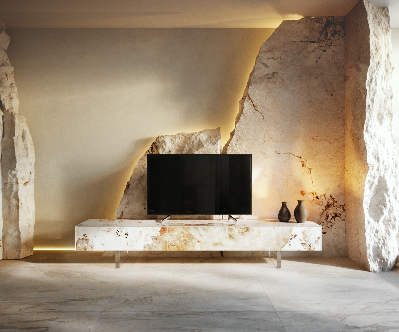 Lowboard Cuor 200 cm Keramik Minas Melange Weiß-Beige 1 Klappe 1 Schubfach Fuß Schwebeoptik Acrylglas Lowboard Cuor 200 cm Keramik Minas Melange Weiß-Beige 1 Klappe 1 Schubfach Fuß Schwebeoptik Acrylglas