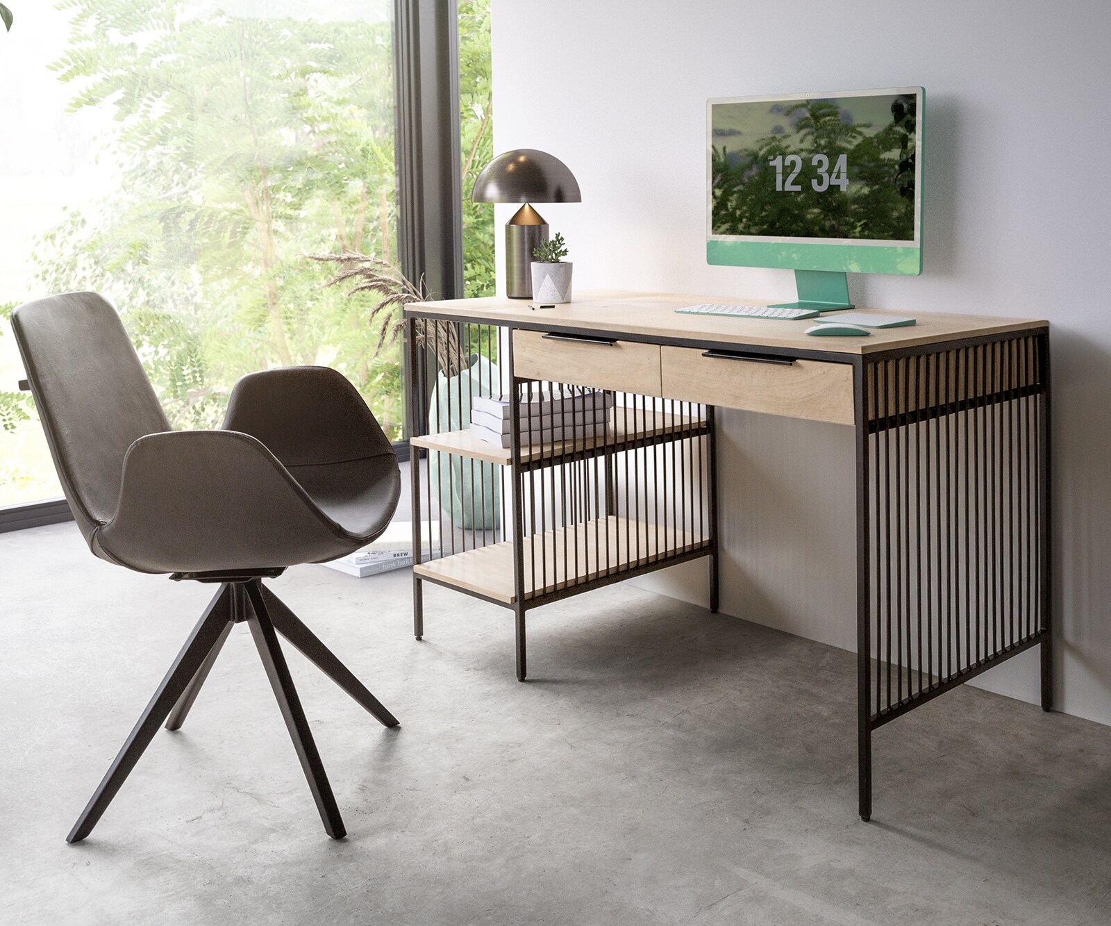 Schreibtisch Libor 120x60 cm Mango White Wash Metall Schwarz 2 Schubladen