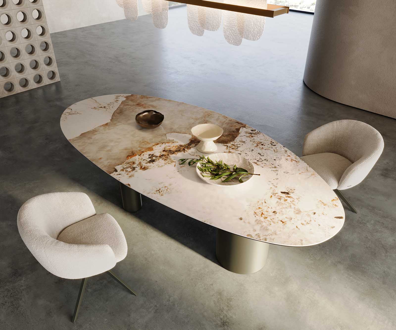 Esstisch Edge Oval 280x130 Keramik Minas Melange Weiß-Beige Troa Metall Effektfinish Titan