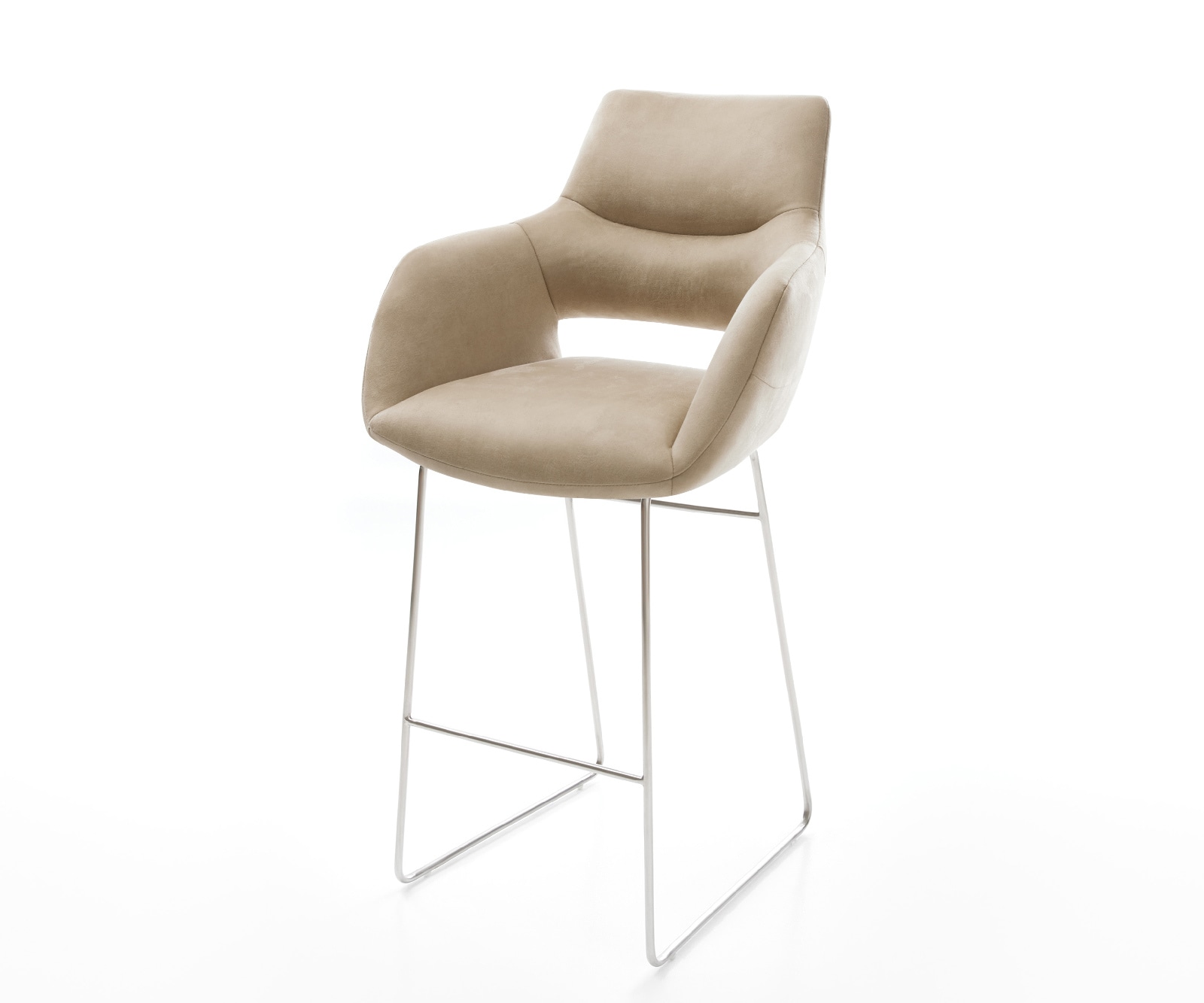 Chaise-de-bar Yago-Flex Microfibre Beige Vintage Pied trapèze acier inoxydable Argent Ressort ensaché