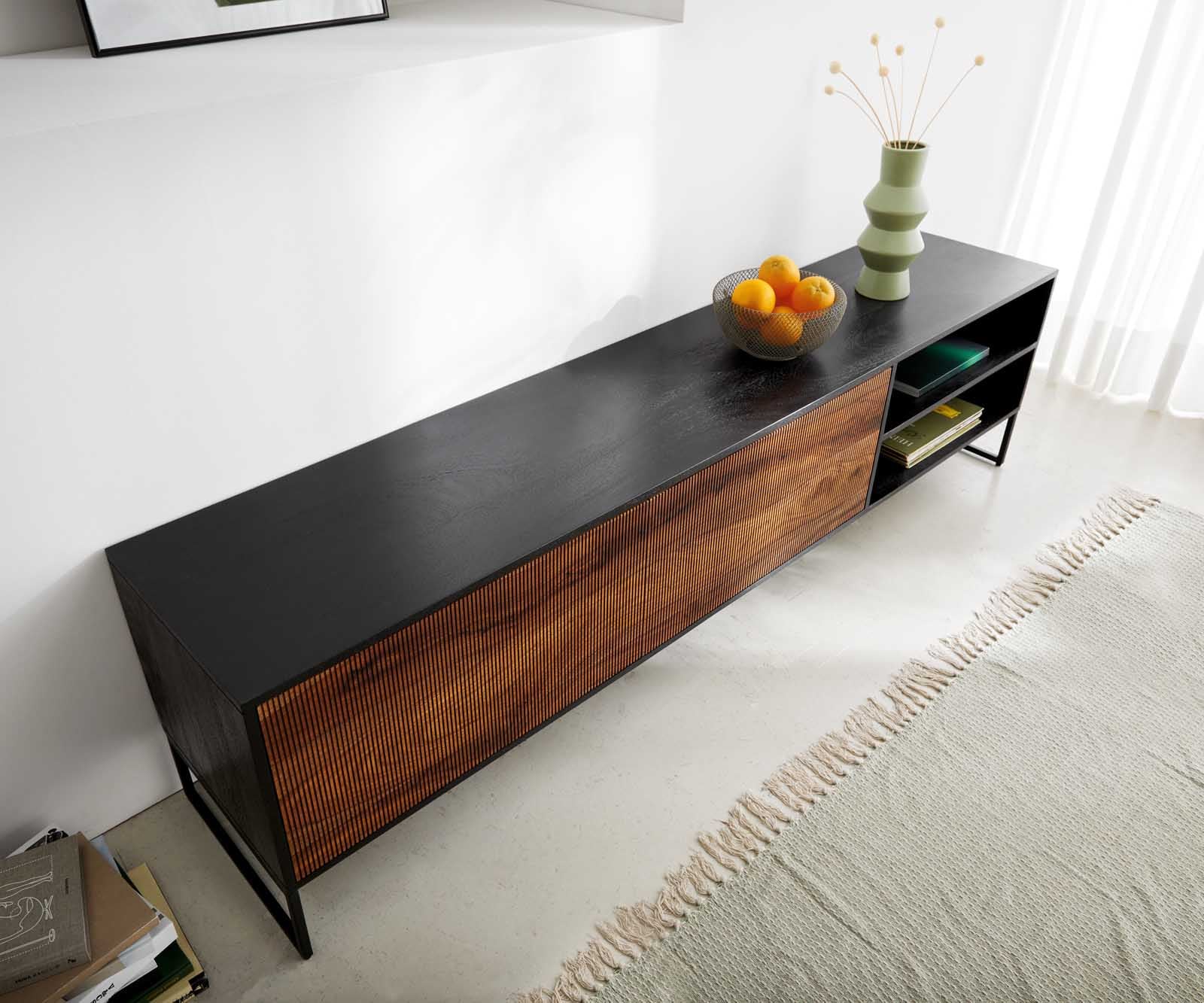 Lowboard Vaag 200 cm Sheesham Natur Mango Schwarz 2 Türen 2 Fächer 4