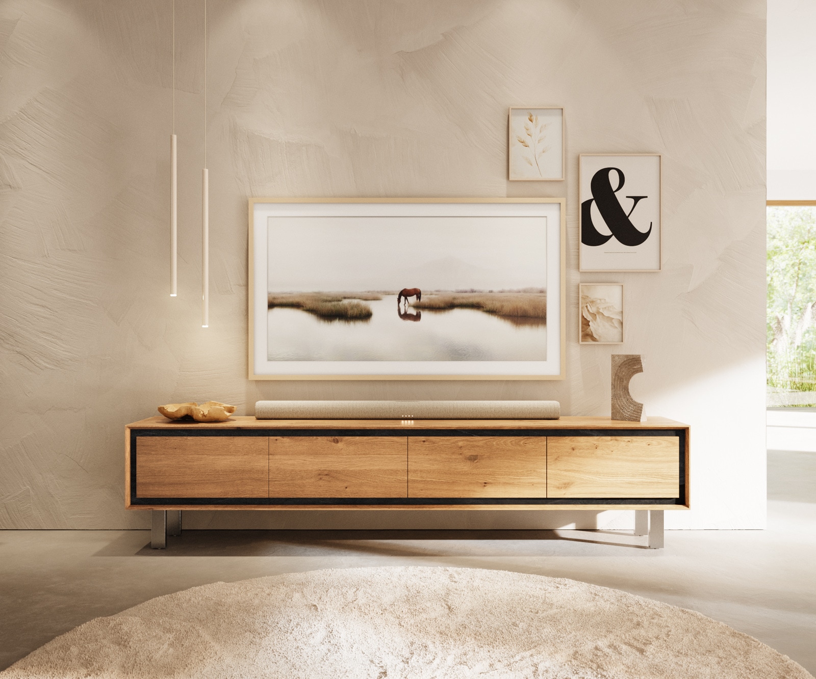 Lowboard Stonegrace 200 cm Eiche Natur 4 Türen Fuß Vierkant Edelstahl gebürstet 1 Lowboard Stonegrace 200 cm Eiche Natur 4 Türen Fuß Vierkant Edelstahl gebürstet 1