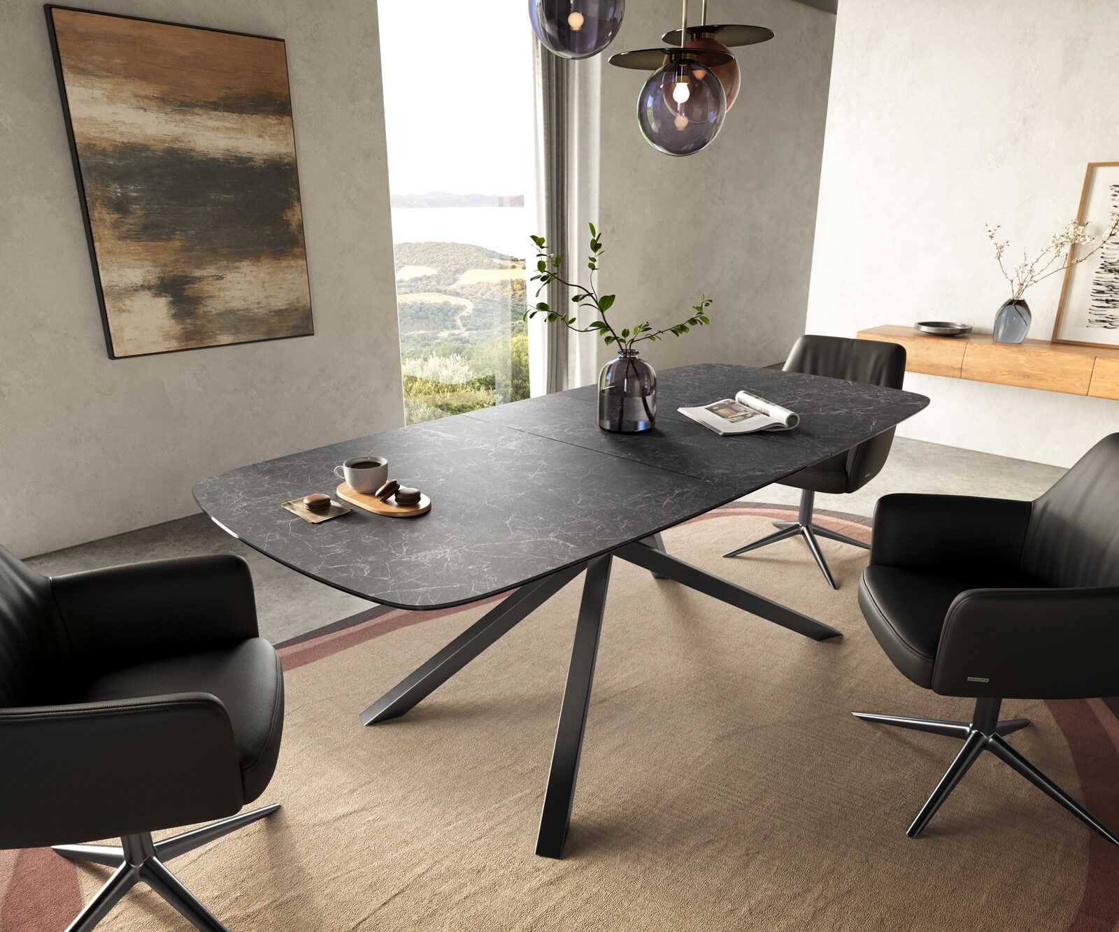 Esstisch Edge Boot 180-220x100 cm Keramik Laminam® Nero Greco Anthrazit Kreuzgestell Rechteck Edelstahl Graphit ausziehbar 1